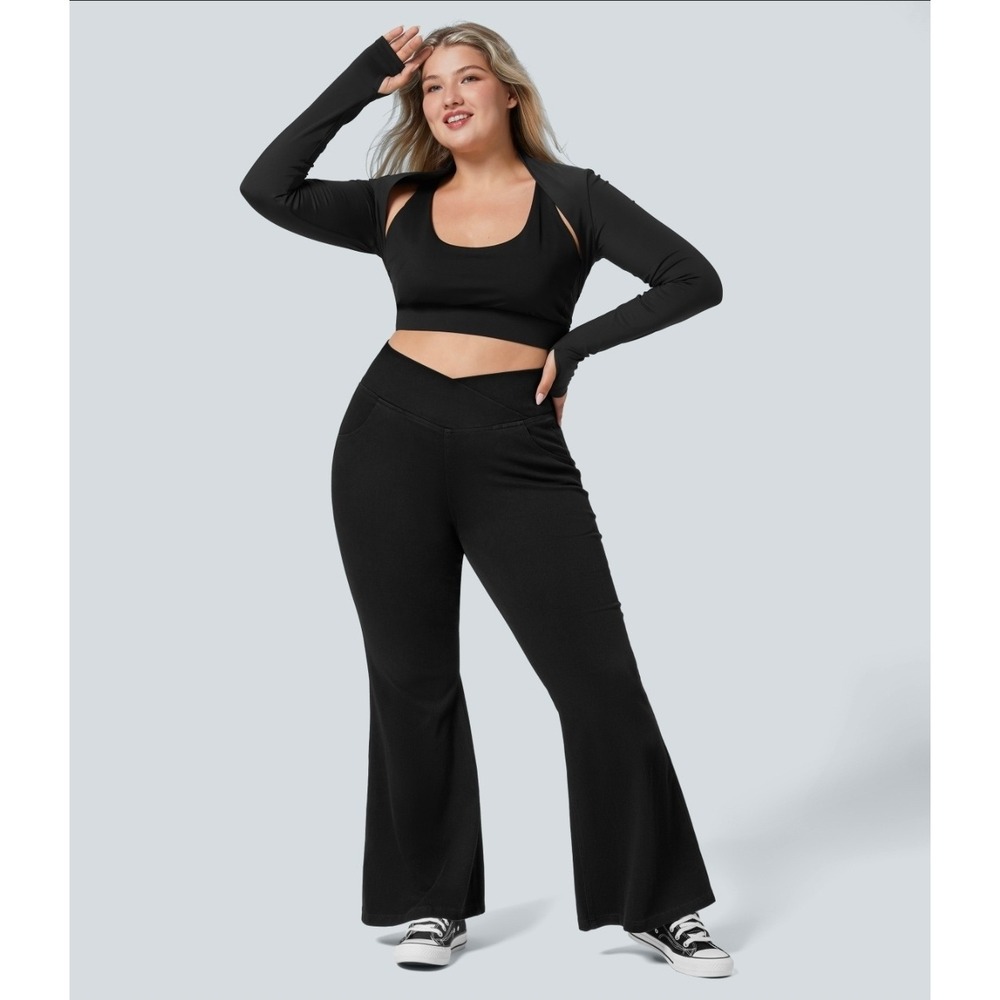 Halara Flex Denim High Waisted Crossover Pocket Flare Pants Black Plus Size 4X